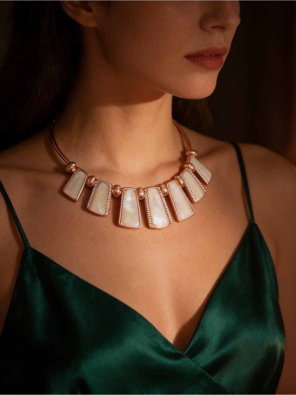 Danish Modern Collier Necklace – Mother of Pearl & Guilloché Enamel - Gold